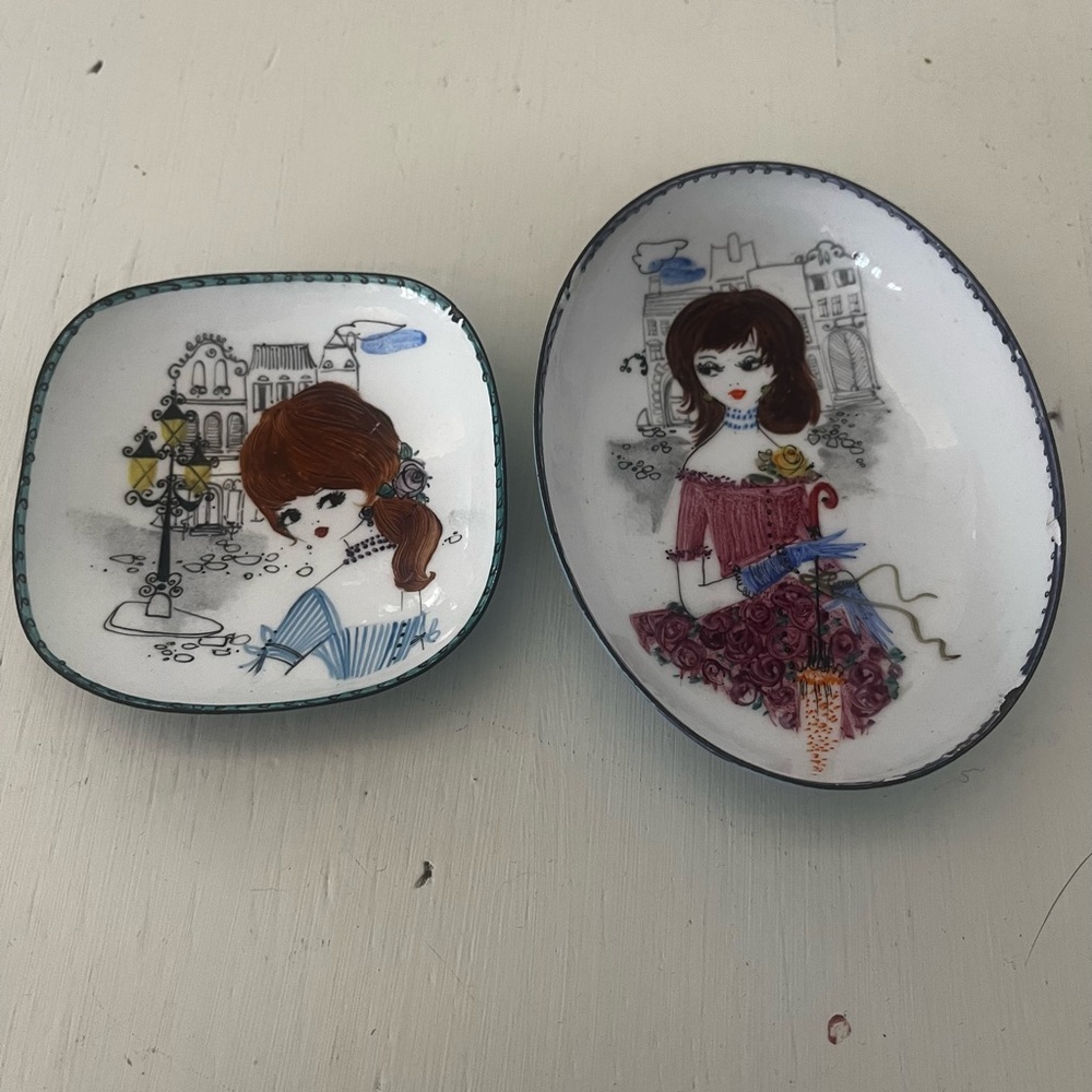 Pair of Vintage Steinbock enamel ring trinket dishes 1960s